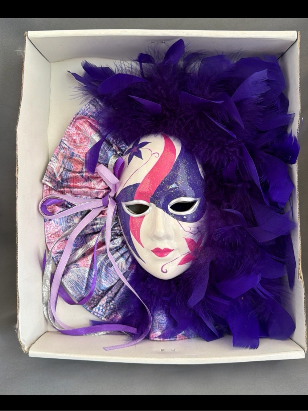 VTG Mardi Gras Wall Mask 10.5”  1980s Style Wall Hanging Decor Fabric Feathers